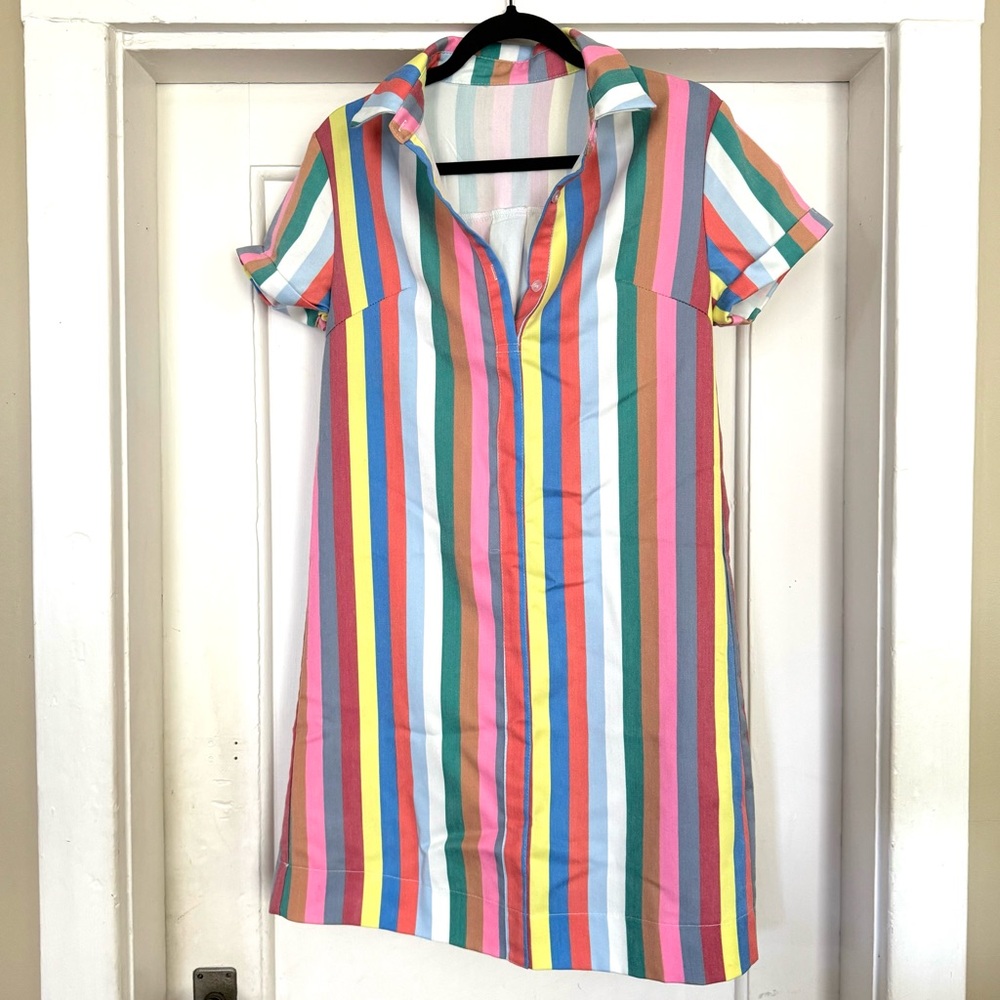 Groovy Vertical Stripe Shirt Dress Short Sleeve Size Medium Tunic